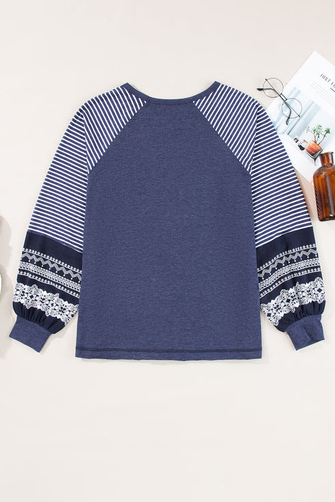 Contrast Print Striped Raglan Crew Neck Loose Long Sleeve Top